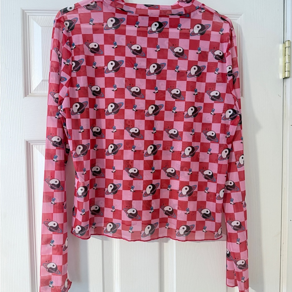 Dressed in LALA Pink Checkered Long Sleeve Mesh Top